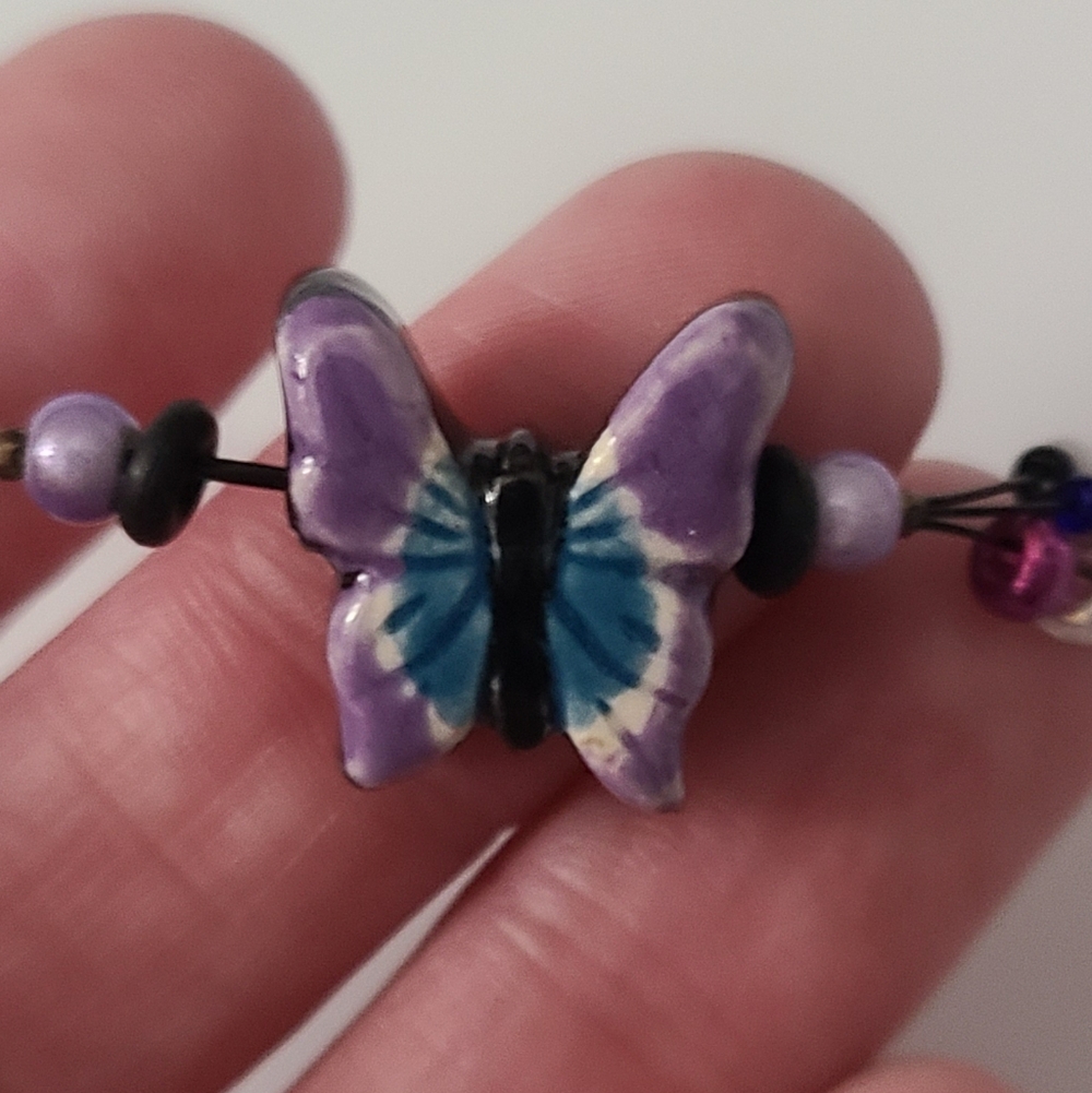 925 Vintage Butterfly Pottery Necklace Artisan Glass Beaded Purple Cats Eye Vtg - Picture 13 of 16